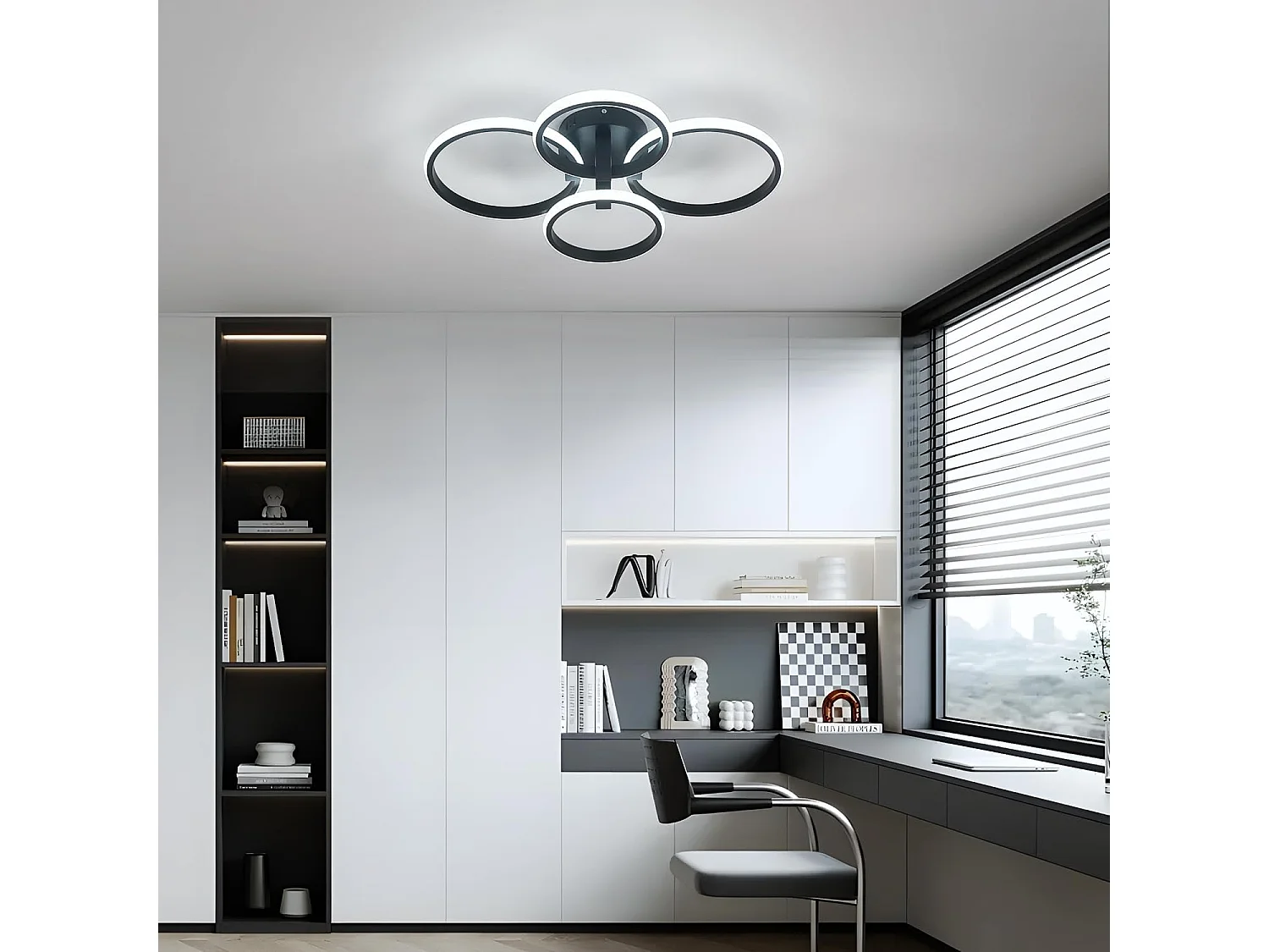 Plafonnier LED Moderne,48W 5400LM Lampe de Plafond Rond 4 Anneaux Design,Noir Acrylique Luminaire Plafonnier,Cuisine,Bureau,Lumière Froide 6500K