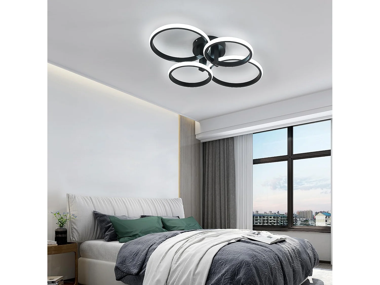 Plafonnier LED Moderne,48W 5400LM Lampe de Plafond Rond 4 Anneaux Design,Noir Acrylique Luminaire Plafonnier,Cuisine,Bureau,Lumière Froide 6500K