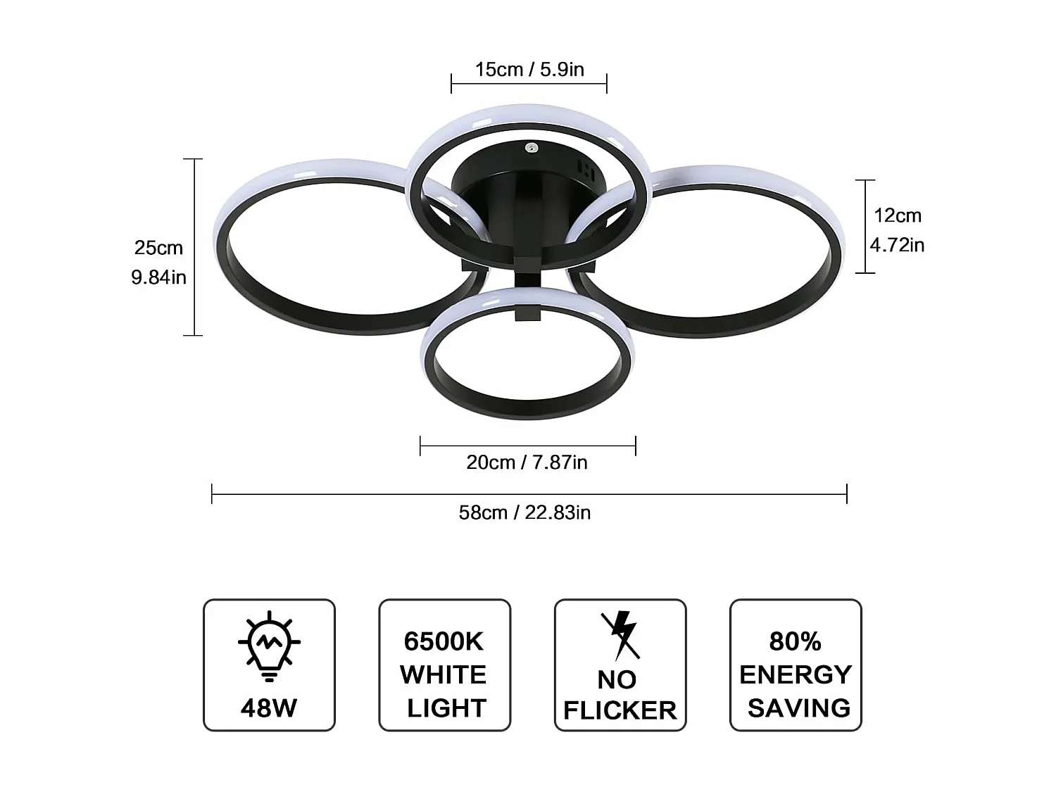 Plafonnier LED Moderne,48W 5400LM Lampe de Plafond Rond 4 Anneaux Design,Noir Acrylique Luminaire Plafonnier,Cuisine,Bureau,Lumière Froide 6500K