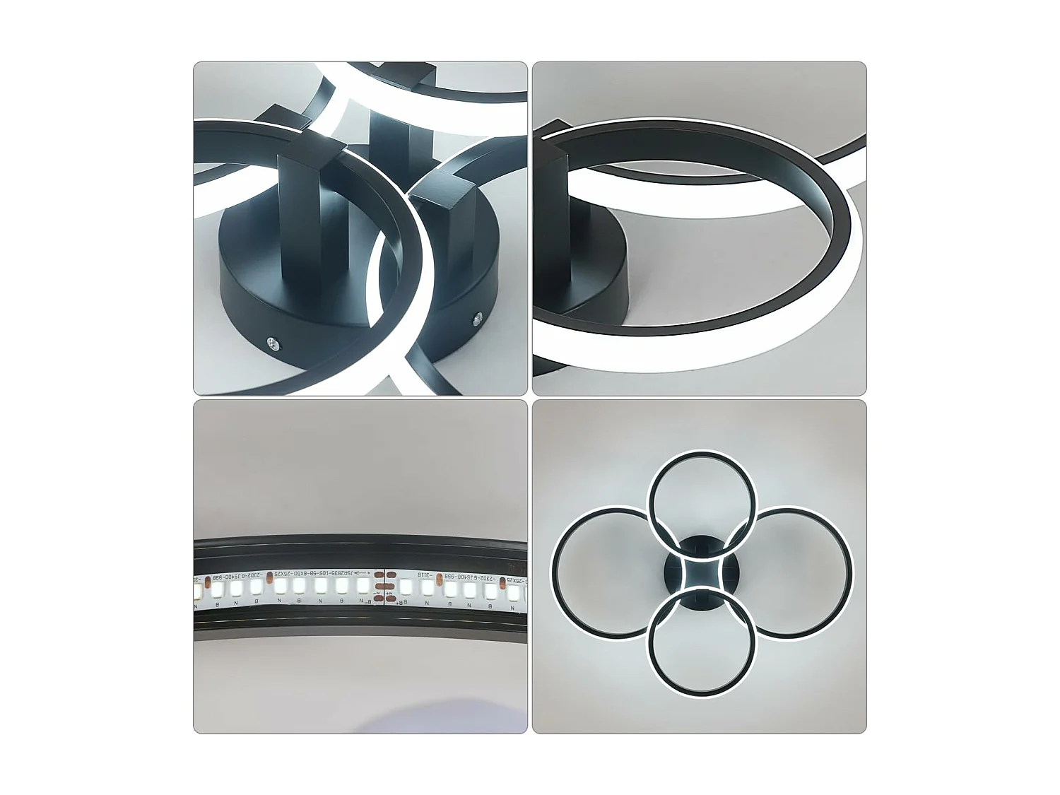 Plafonnier LED Moderne,48W 5400LM Lampe de Plafond Rond 4 Anneaux Design,Noir Acrylique Luminaire Plafonnier,Cuisine,Bureau,Lumière Froide 6500K