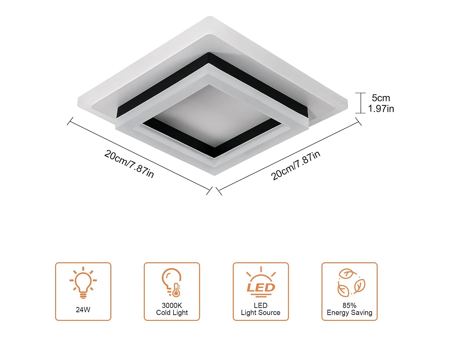 Plafonnier LED Moderne,24W 2350LM Lampe de Plafond Carré Mode en Acrylique,Plafonnier LED Murale Interieur pour Couloir Balcon Hôtel,Blanc Chaud 3000K
