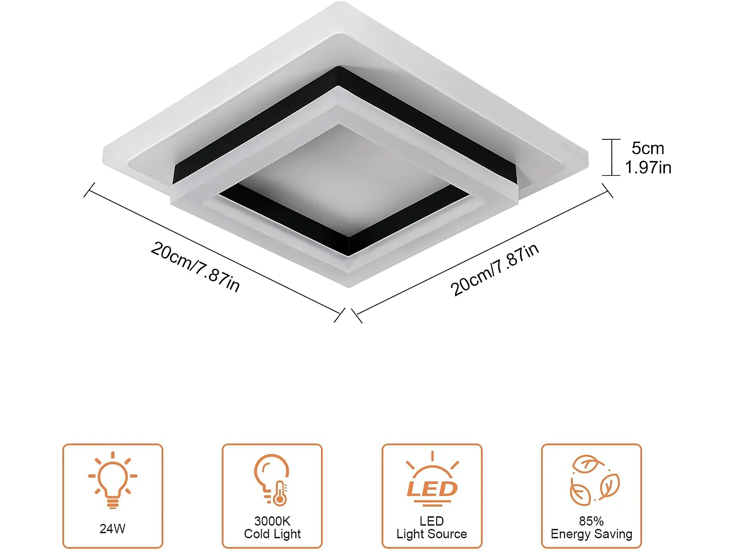 Plafonnier LED Moderne,24W 2350LM Lampe de Plafond Carré Mode en Acrylique,Plafonnier LED Murale Interieur pour Couloir Balcon Hôtel,Blanc Chaud 3000K
