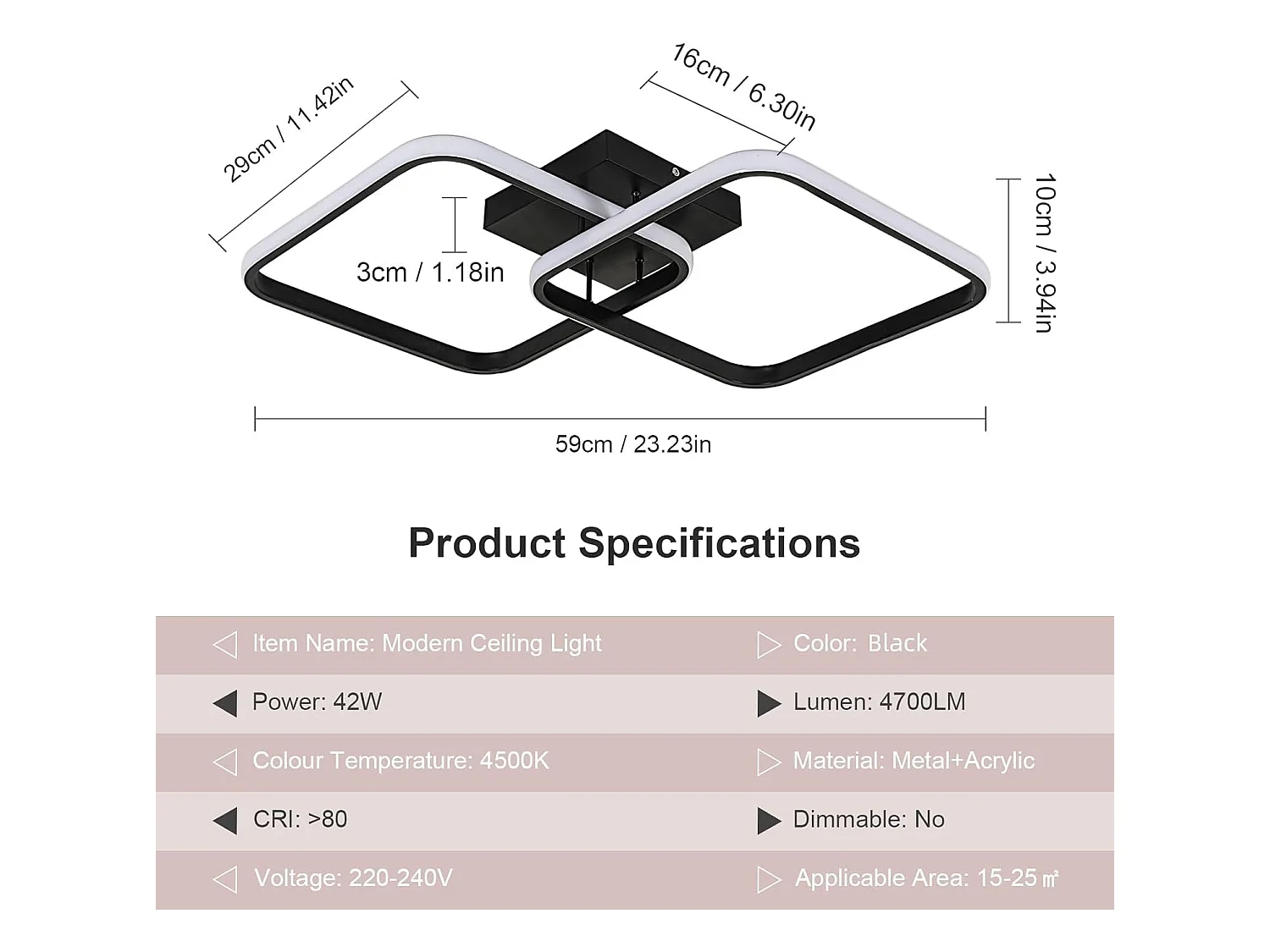 Plafonnier LED 42W 4725LM,Luminaire Plafonnier Carré Lumière Naturelle 4500K,Moderne Lampe de Plafond Acrylique pour Salon Chambre à Coucher,59cm,Noir