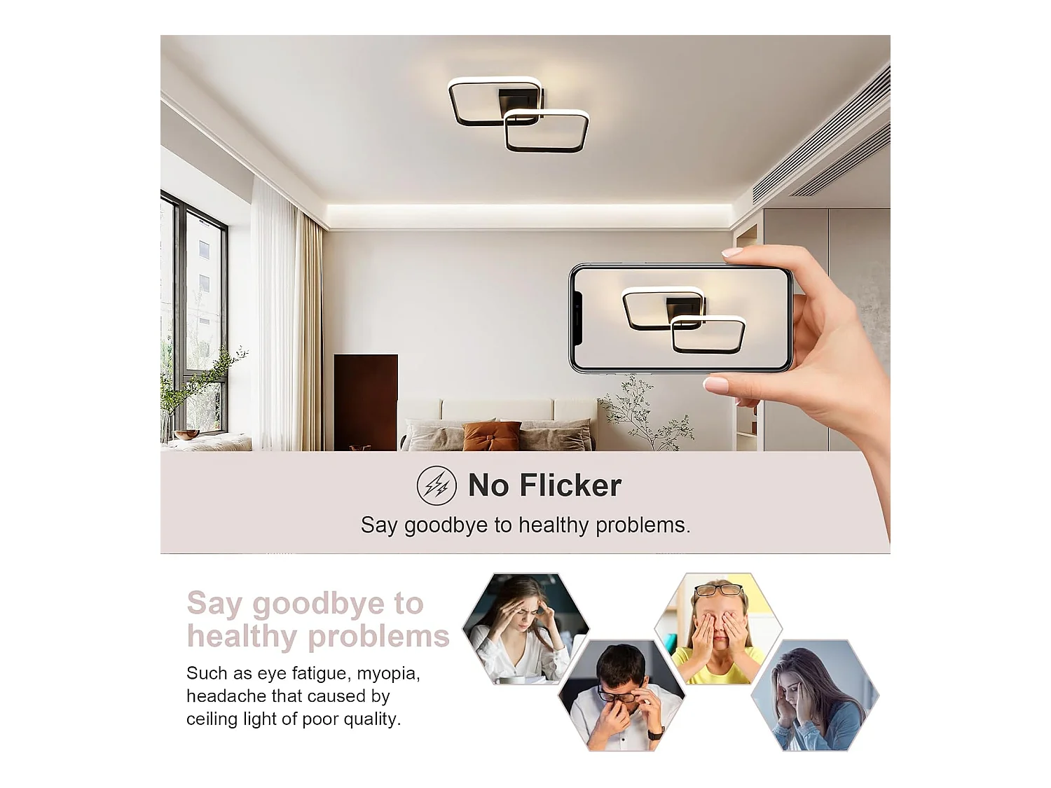 Plafonnier LED 42W 4725LM,Luminaire Plafonnier Carré Lumière Naturelle 4500K,Moderne Lampe de Plafond Acrylique pour Salon Chambre à Coucher,59cm,Noir