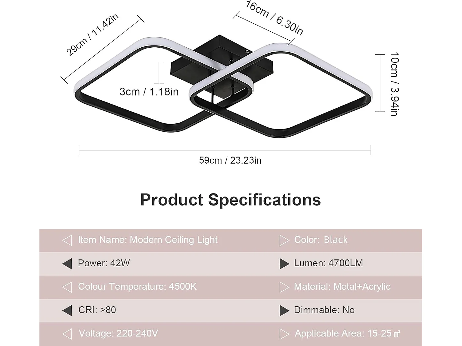 Plafonnier LED 42W 4725LM,Luminaire Plafonnier Carré Lumière Naturelle 4500K,Moderne Lampe de Plafond Acrylique pour Salon Chambre à Coucher,59cm,Noir