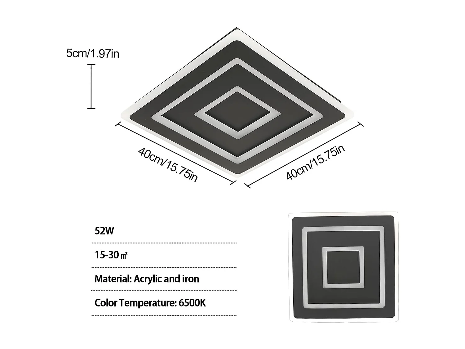 Plafonnier LED Noir Carré Moderne for Salon, 52W 5850LM 40cm Luminaire Plafonnier Intérieur Lampe de Plafond pour Chambre à Coucher, Salon, Lumière Blanche 6500K