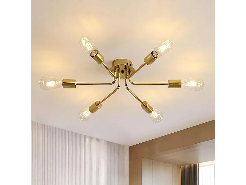 Plafonnier LED Moderne,E27 Lustre Vintage Industriel,6 Lumières Luminaire Suspension Métal pour Salon,Chambre,Salle à Manger,Balcon,Bureau (Doré)