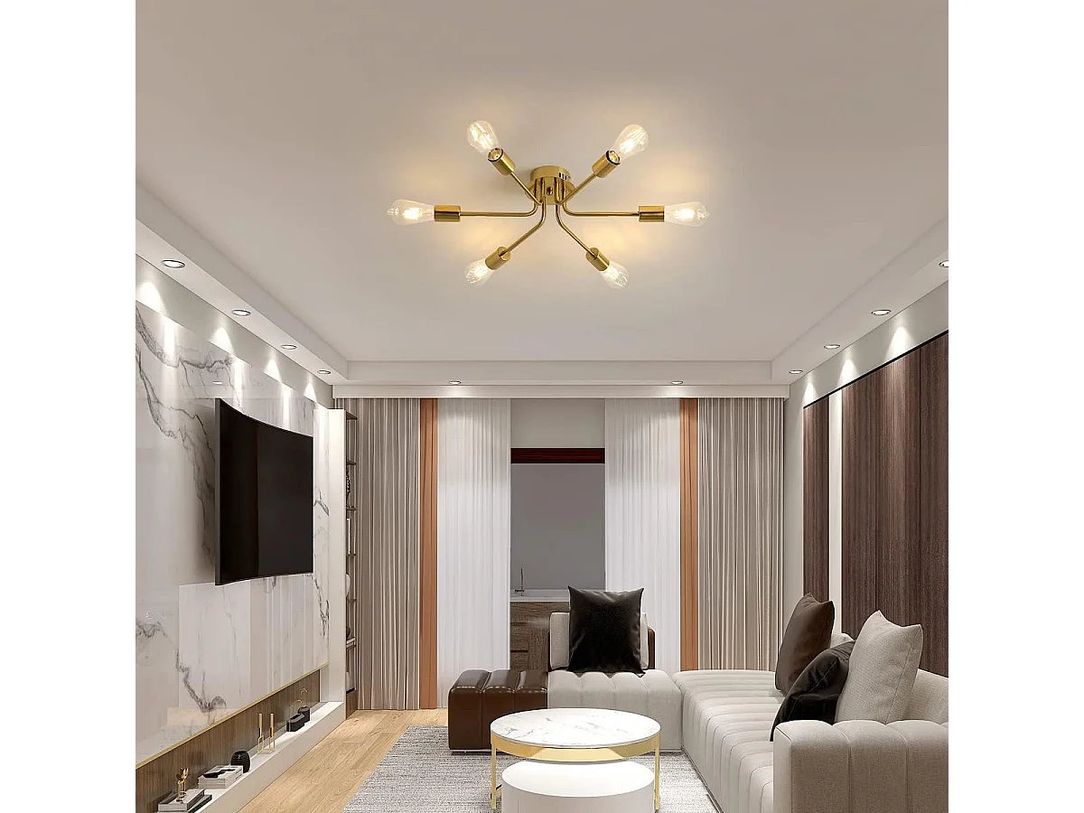 Plafonnier LED Moderne,E27 Lustre Vintage Industriel,6 Lumières Luminaire Suspension Métal pour Salon,Chambre,Salle à Manger,Balcon,Bureau (Doré)