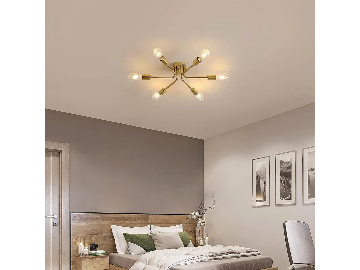 Plafonnier LED Moderne,E27 Lustre Vintage Industriel,6 Lumières Luminaire Suspension Métal pour Salon,Chambre,Salle à Manger,Balcon,Bureau (Doré)