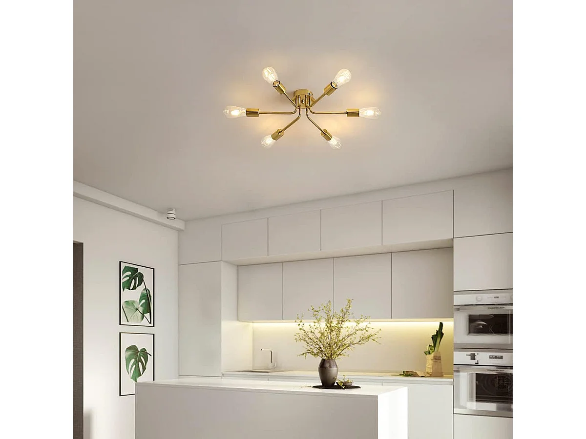 Plafonnier LED Moderne,E27 Lustre Vintage Industriel,6 Lumières Luminaire Suspension Métal pour Salon,Chambre,Salle à Manger,Balcon,Bureau (Doré)