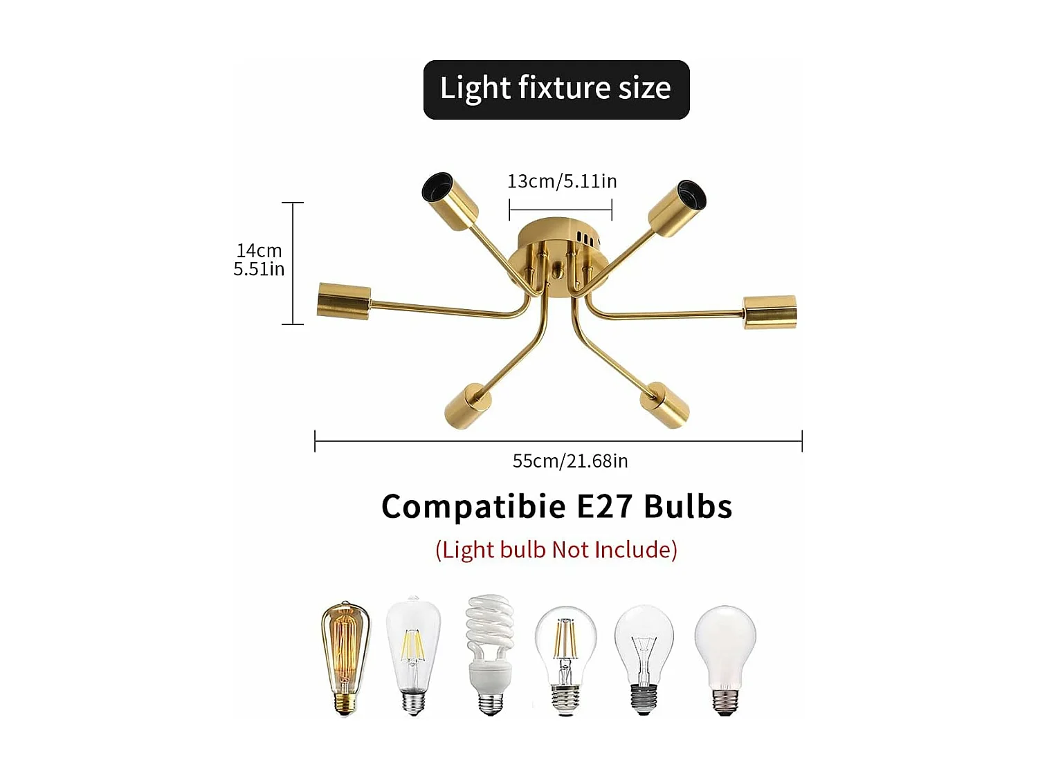 Plafonnier LED Moderne,E27 Lustre Vintage Industriel,6 Lumières Luminaire Suspension Métal pour Salon,Chambre,Salle à Manger,Balcon,Bureau (Doré)
