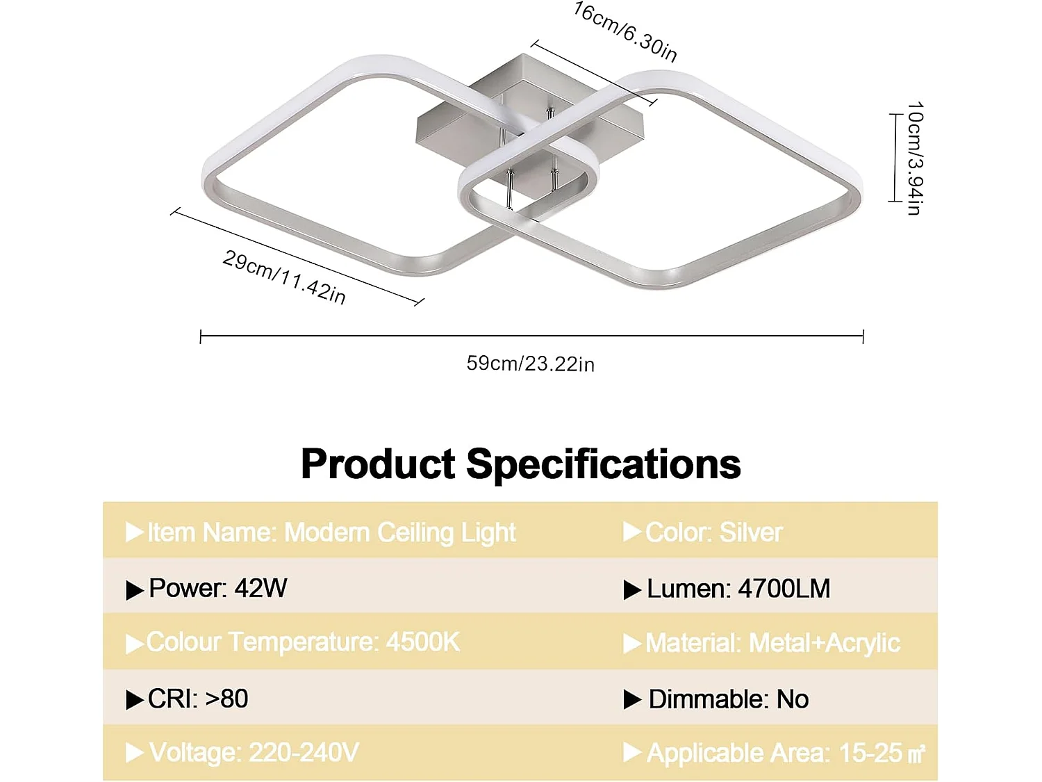 Plafonnier LED 42W 4725LM,Lampe de Plafond Carré Lumière Naturelle 4500K,Luminaire Plafonnier Acrylique pour Salon Chambre à Coucher Cuisine,59cm