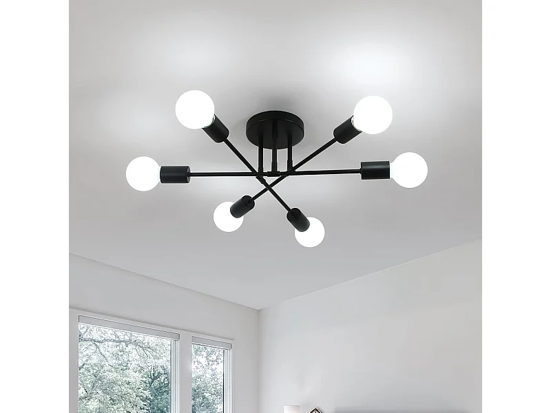 Plafonnier Industriel,6 Lumières Lustre,Moderne Suspension Luminaire E27 Base,Noir Lampe de Plafond en Metal pour Salon Cuisine Salle À Manger