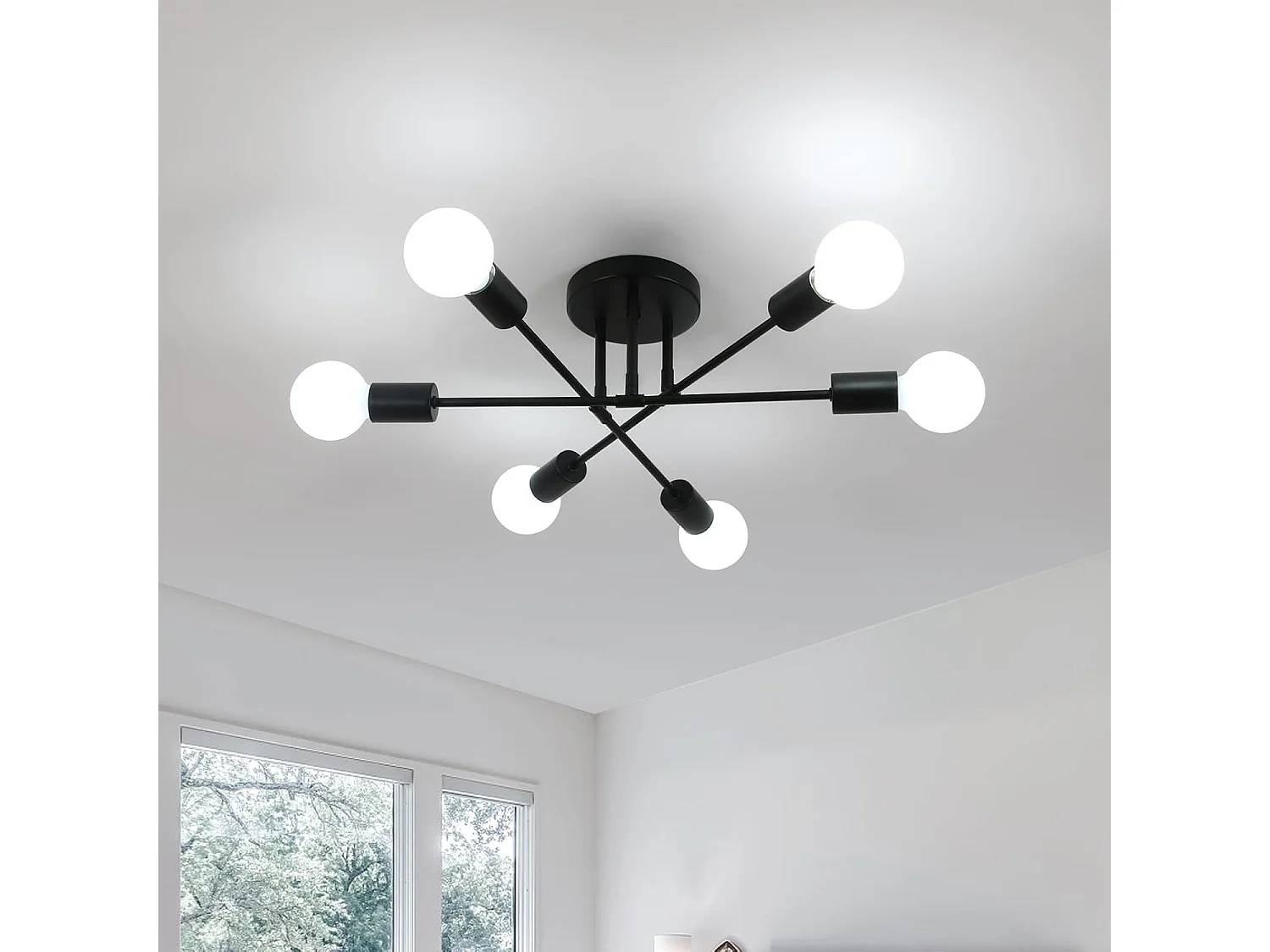 Plafonnier Industriel,6 Lumières Lustre,Moderne Suspension Luminaire E27 Base,Noir Lampe de Plafond en Metal pour Salon Cuisine Salle À Manger