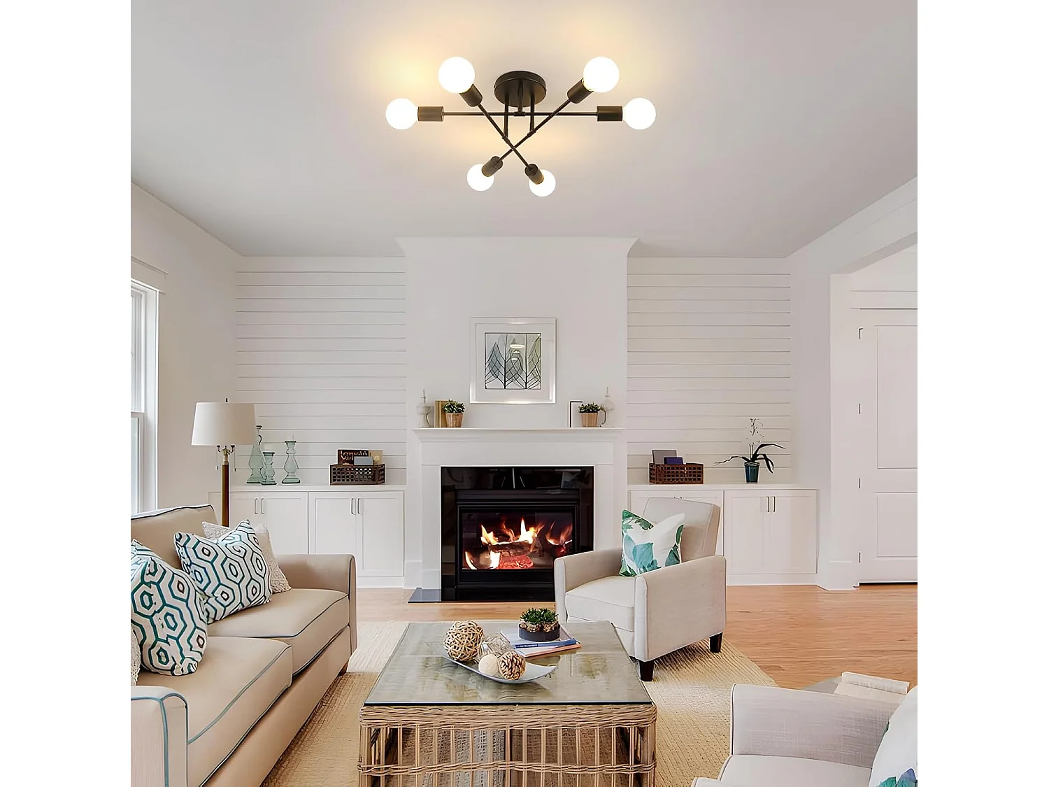 Plafonnier Industriel,6 Lumières Lustre,Moderne Suspension Luminaire E27 Base,Noir Lampe de Plafond en Metal pour Salon Cuisine Salle À Manger