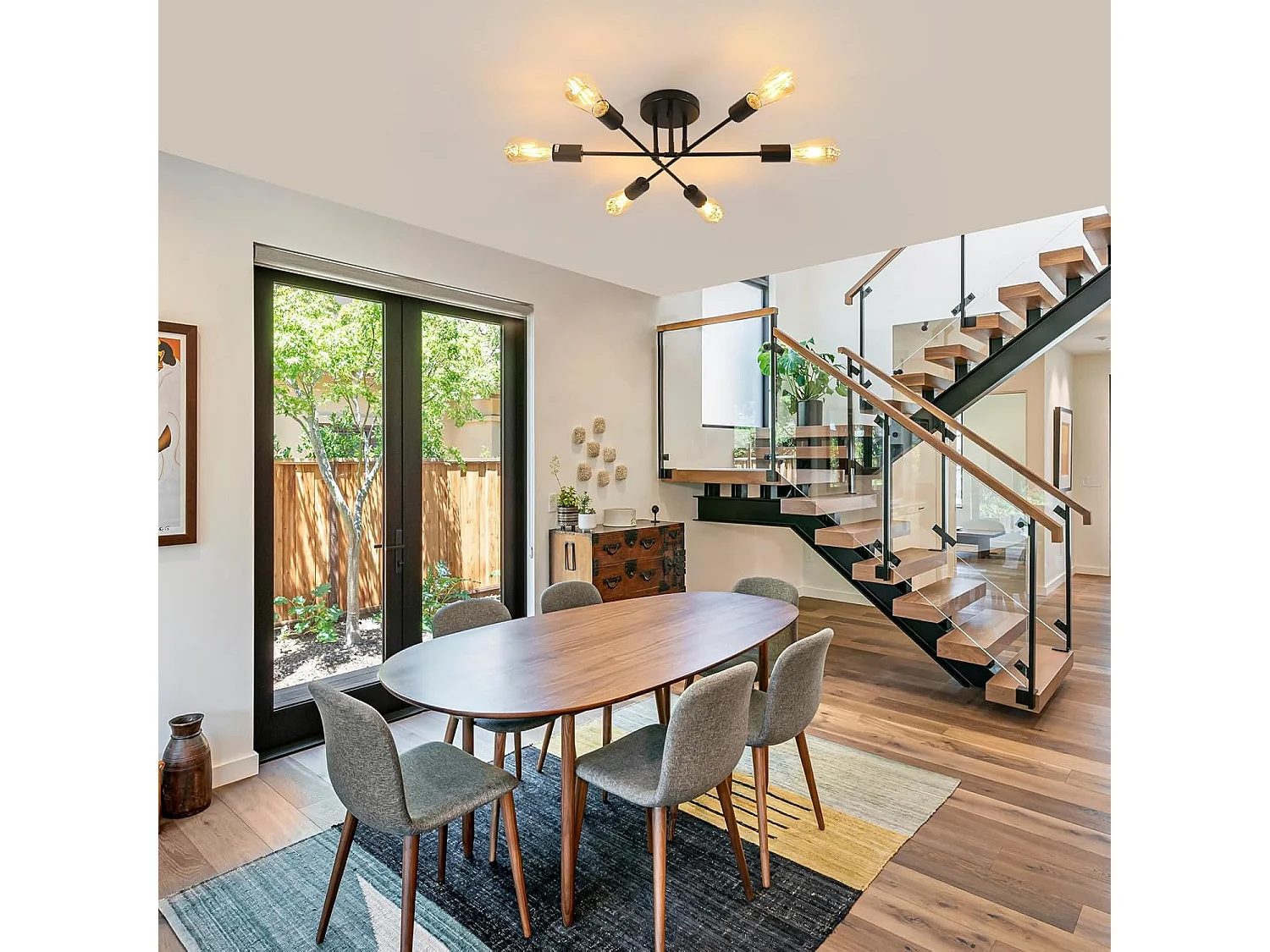 Plafonnier Industriel,6 Lumières Lustre,Moderne Suspension Luminaire E27 Base,Noir Lampe de Plafond en Metal pour Salon Cuisine Salle À Manger