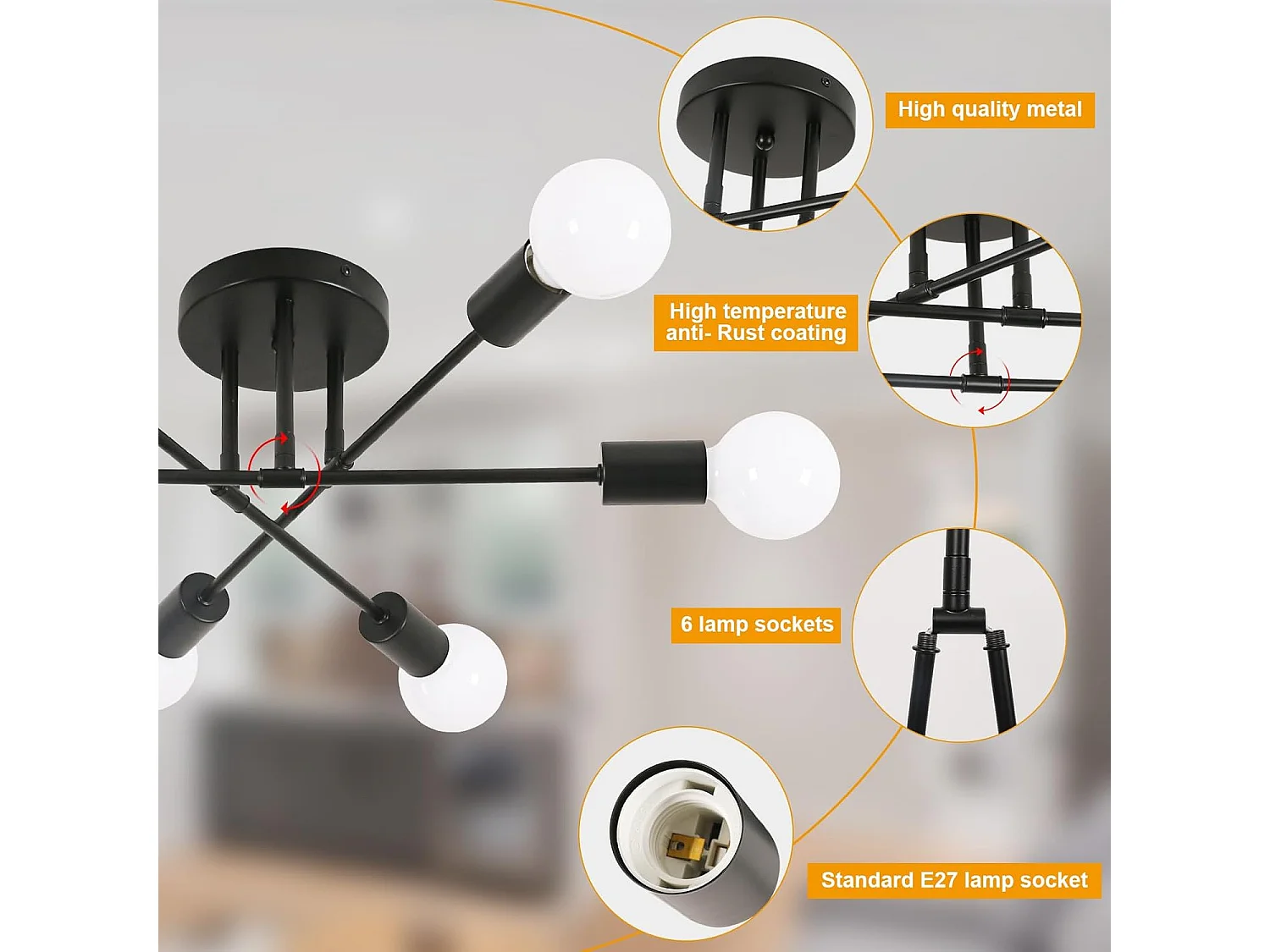 Plafonnier Industriel,6 Lumières Lustre,Moderne Suspension Luminaire E27 Base,Noir Lampe de Plafond en Metal pour Salon Cuisine Salle À Manger