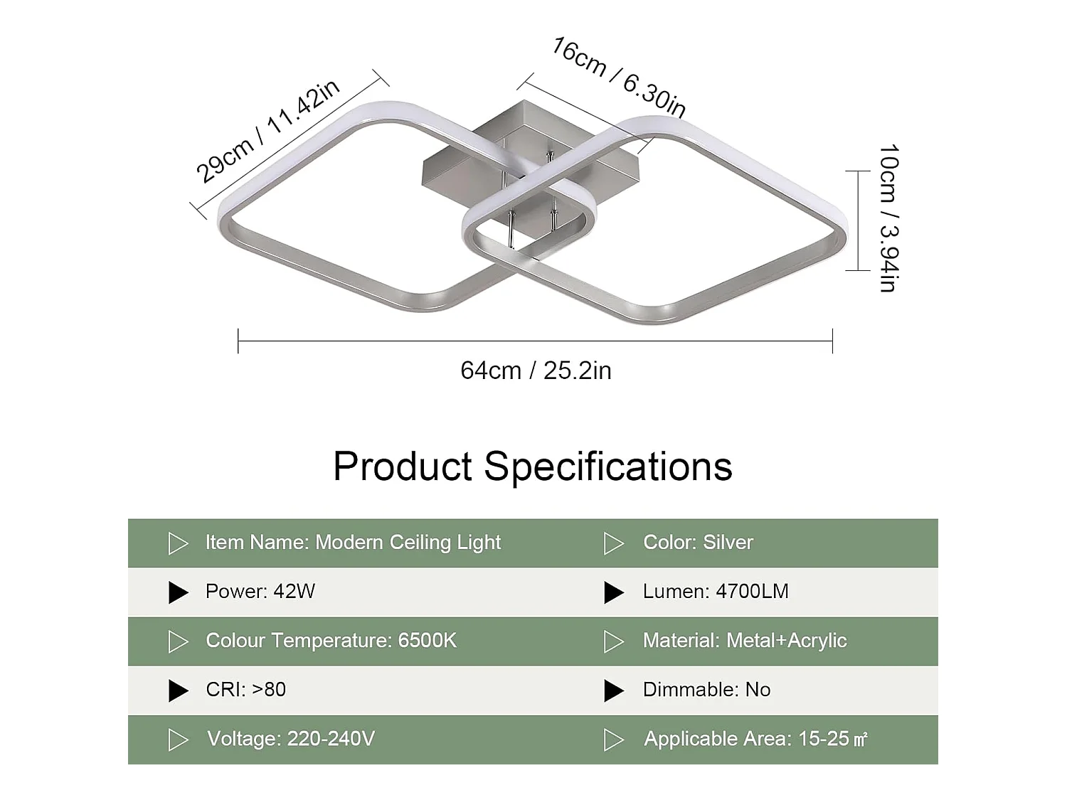 Plafonnier LED 42W 4725LM, Lampe de Plafond Carré 6500K Lumière Blanche Froide, Luminaire Plafonnier Acrylique pour Salon Chambre à Coucher,59cm