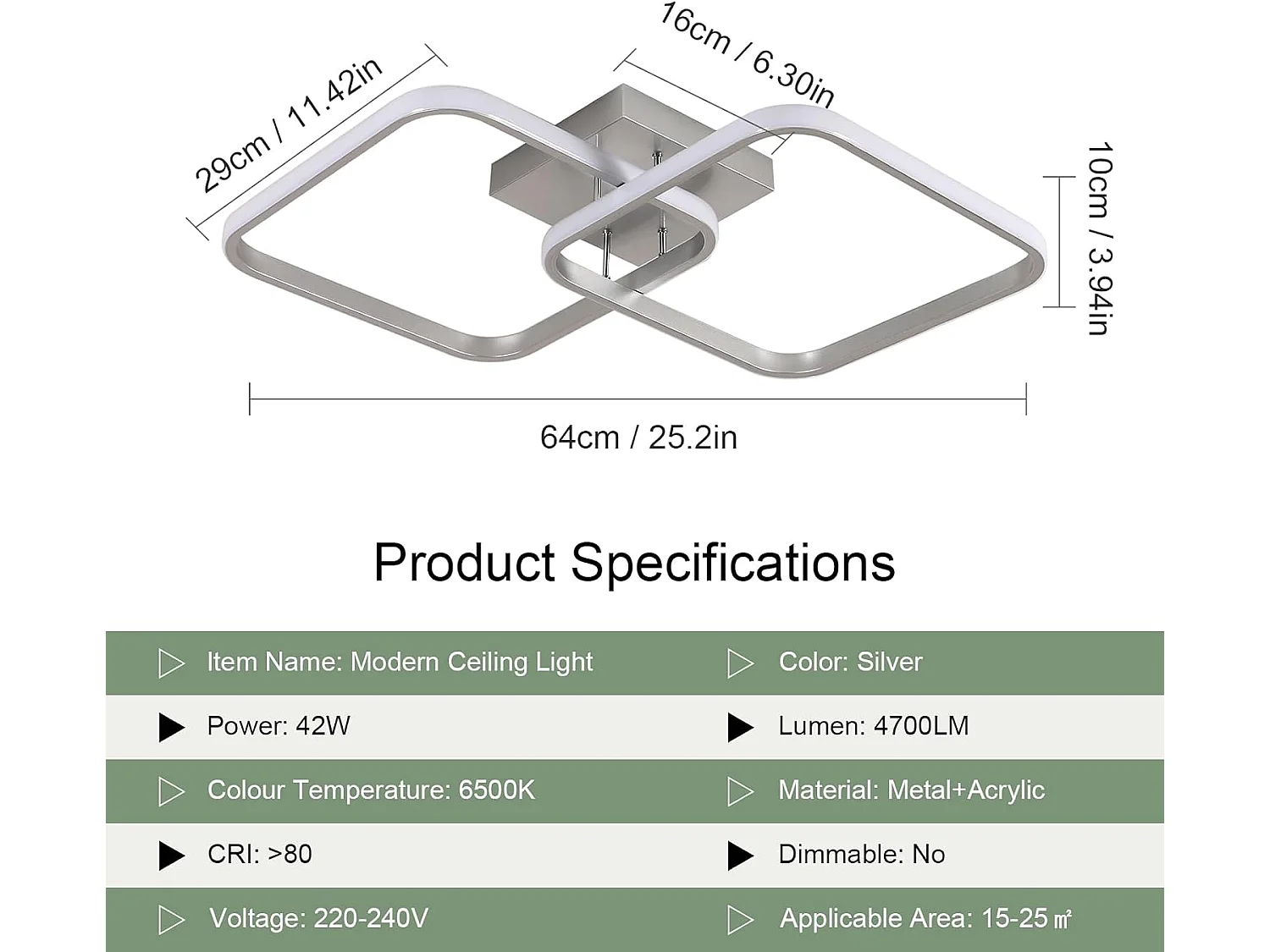 Plafonnier LED 42W 4725LM, Lampe de Plafond Carré 6500K Lumière Blanche Froide, Luminaire Plafonnier Acrylique pour Salon Chambre à Coucher,59cm