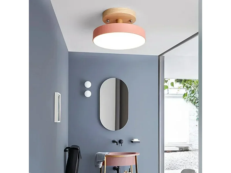 Plafonnier rond en bois de 18cm - Blanc froid 6000K - Rose, éclairage industriel, pour entrées, couloirs, balcons, salles à manger, chambres et salles
