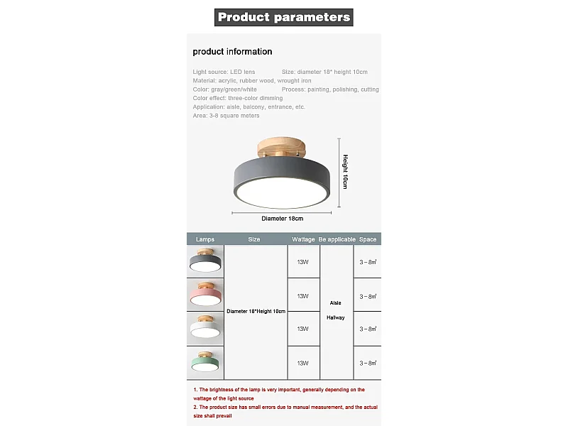 Plafonnier rond en bois de 18cm - Blanc froid 6000K - Rose, éclairage industriel, pour entrées, couloirs, balcons, salles à manger, chambres et salles