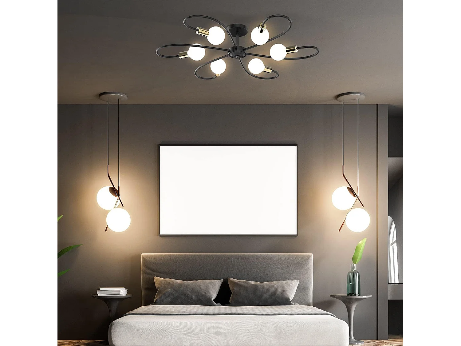 Luminaires de chambre à coucher 6 lumières moderne chandelier noir or lumière pendante luminaire de plafond du milieu du siècle luminaires