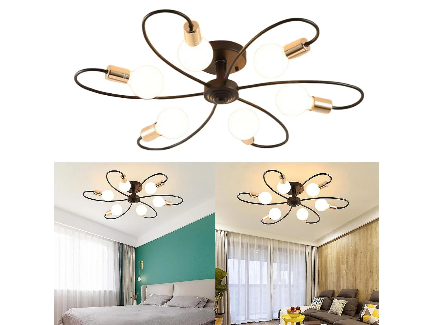 Luminaires de chambre à coucher 6 lumières moderne chandelier noir or lumière pendante luminaire de plafond du milieu du siècle luminaires