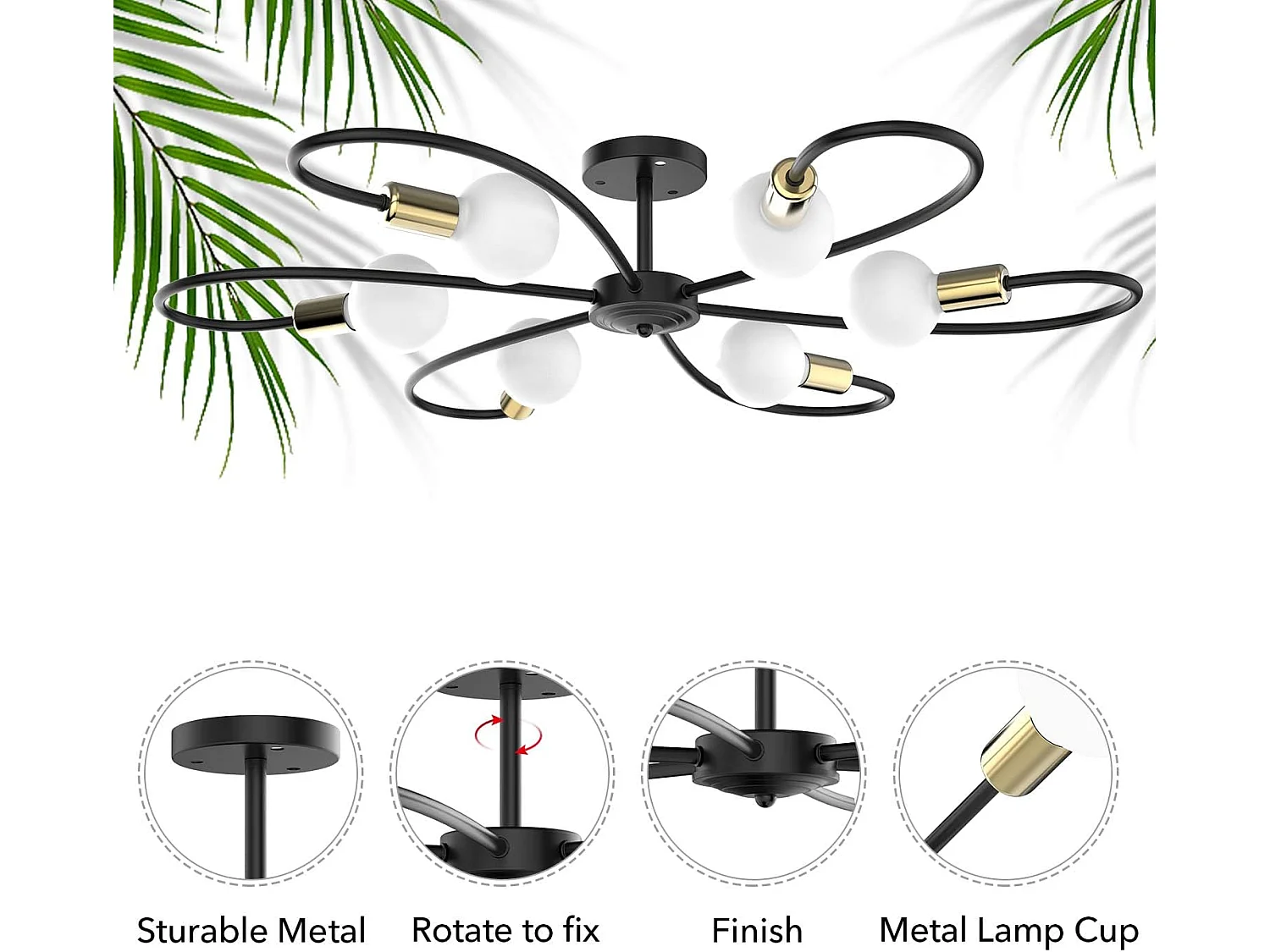 Luminaires de chambre à coucher 6 lumières moderne chandelier noir or lumière pendante luminaire de plafond du milieu du siècle luminaires