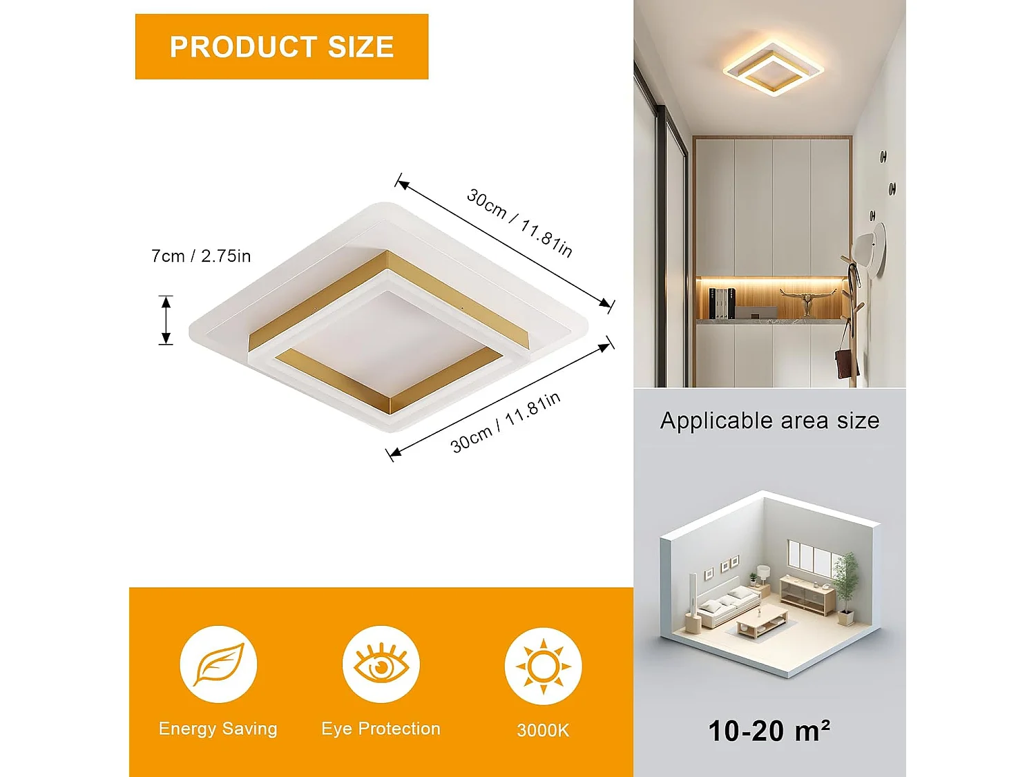Plafonnier LED Moderne, 30 W 3600 LM Géométrique Design Luminaire Plafonnier Doré en Acrylique pour Chambre Cuisine Coucher Chambre Couloir, Blanc Chaud 3000K
