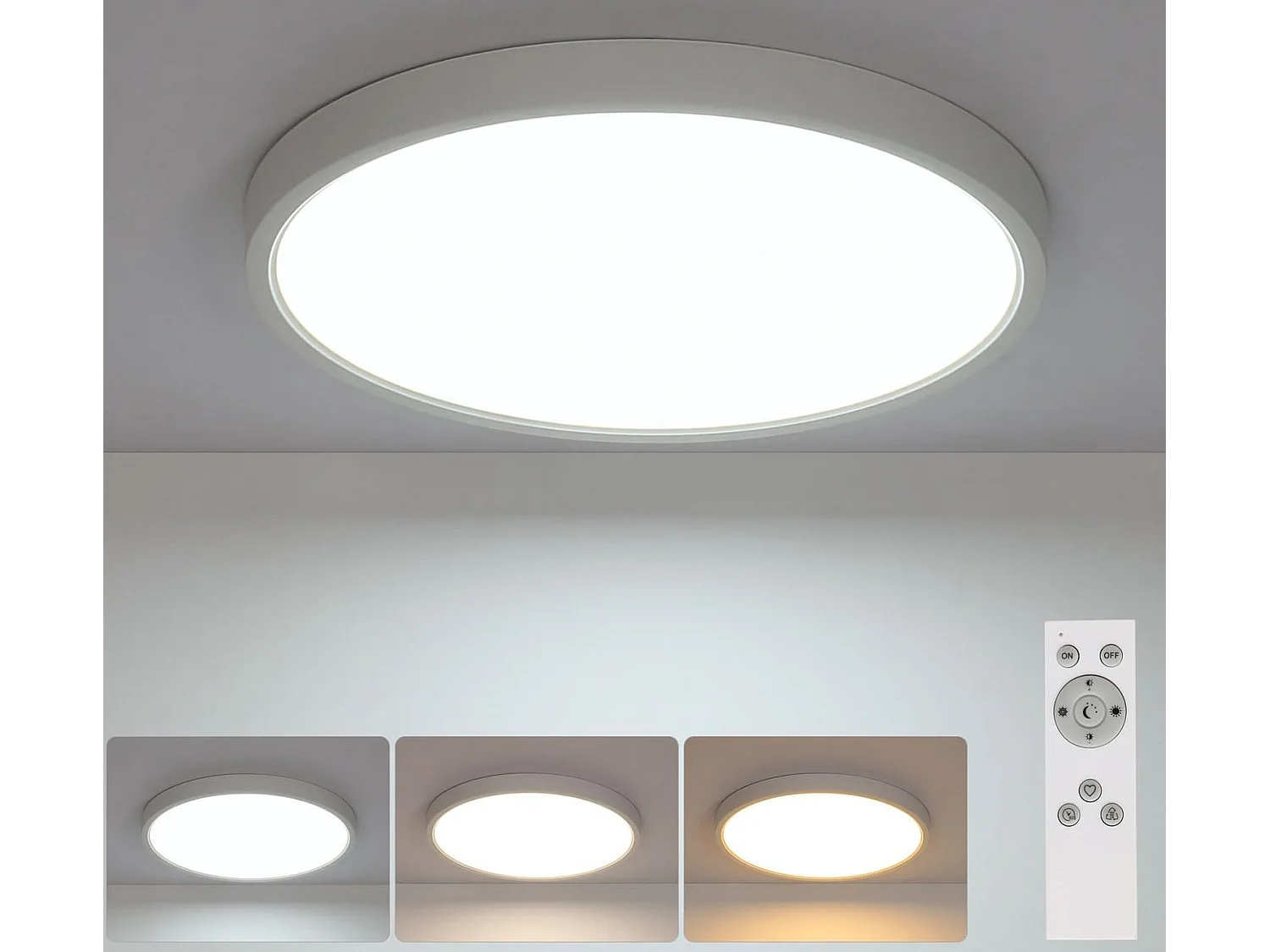 Plafonnier LED Ø30cm, 24W plat rond avec télécommande, IP44 étanche, 3000K/4500K/6500K lampes pour salon, chambre, salle de bain, lampe de cuisine, couloir