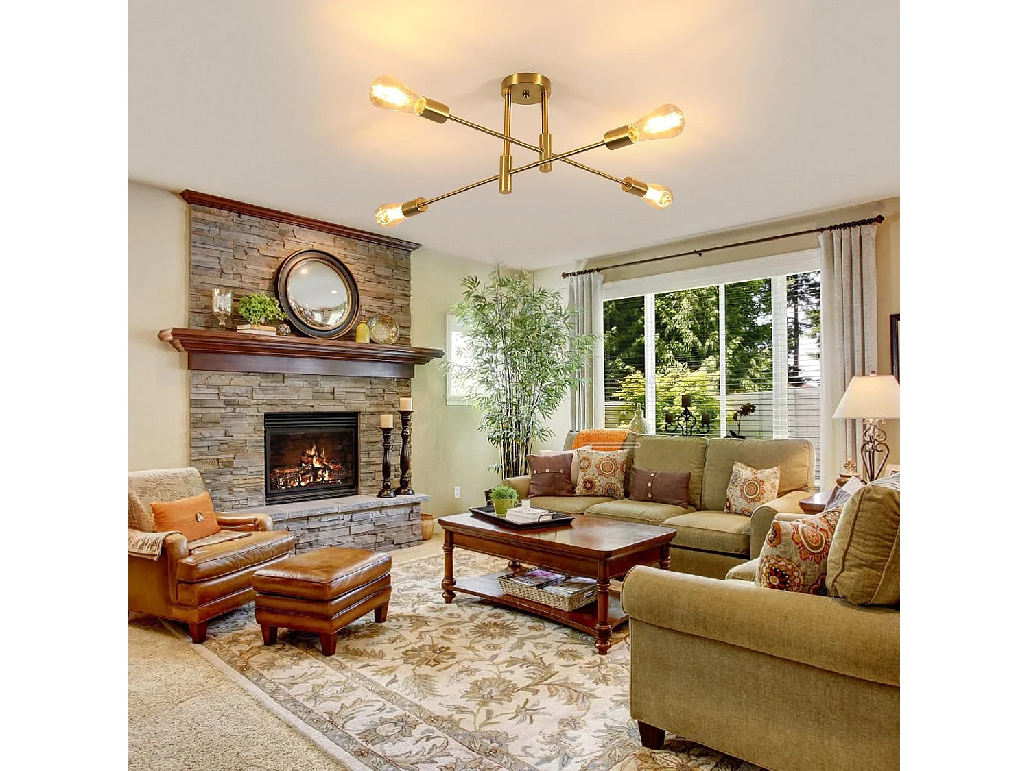 Plafonnier Vintage Lustre Industriel Or, 4 Lumières Max. 60 W Plafonnier pour Salon Chambre Salle à manger, Ampoules Non Incluses, Diamètre 71 cm