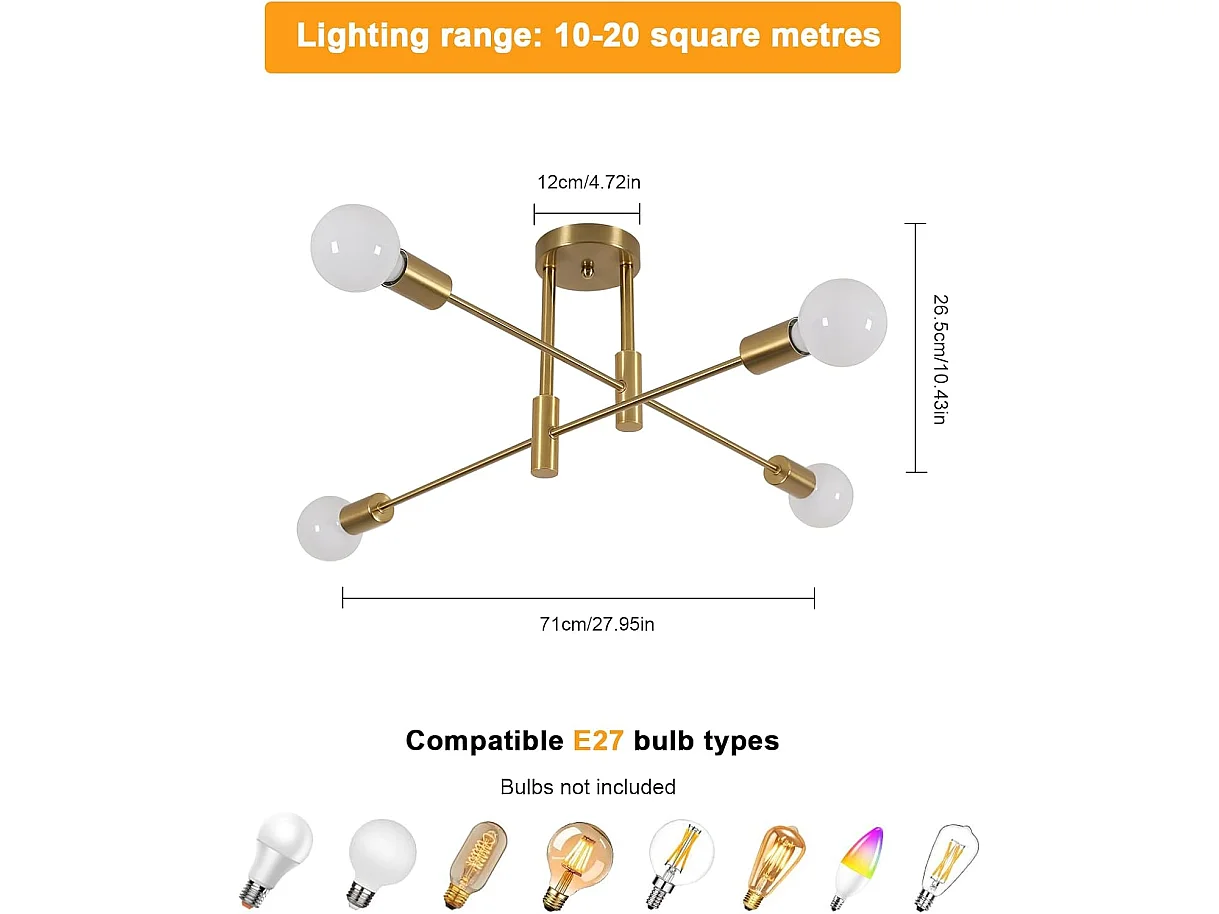 Plafonnier Vintage Lustre Industriel Or, 4 Lumières Max. 60 W Plafonnier pour Salon Chambre Salle à manger, Ampoules Non Incluses, Diamètre 71 cm
