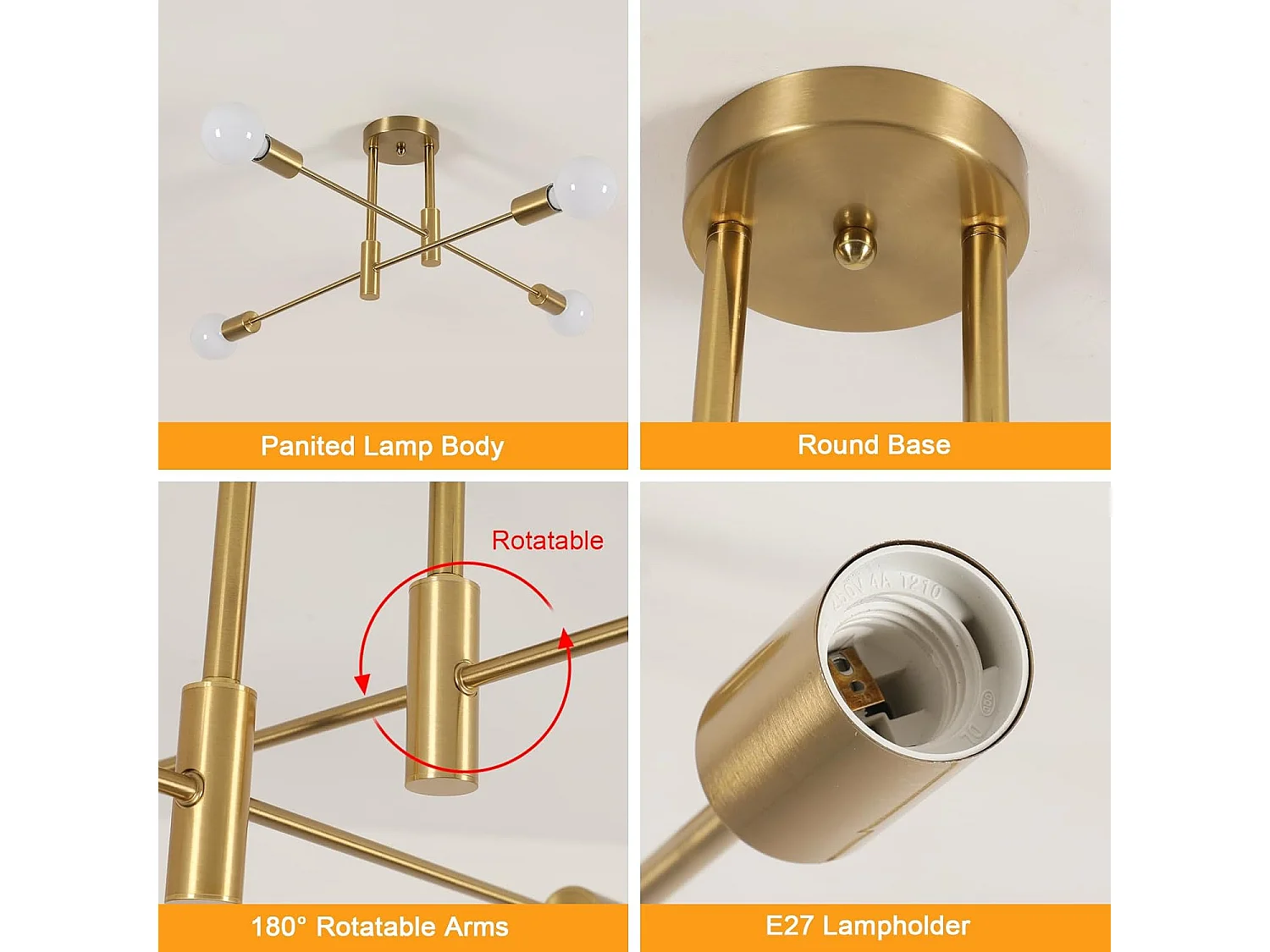 Plafonnier Vintage Lustre Industriel Or, 4 Lumières Max. 60 W Plafonnier pour Salon Chambre Salle à manger, Ampoules Non Incluses, Diamètre 71 cm