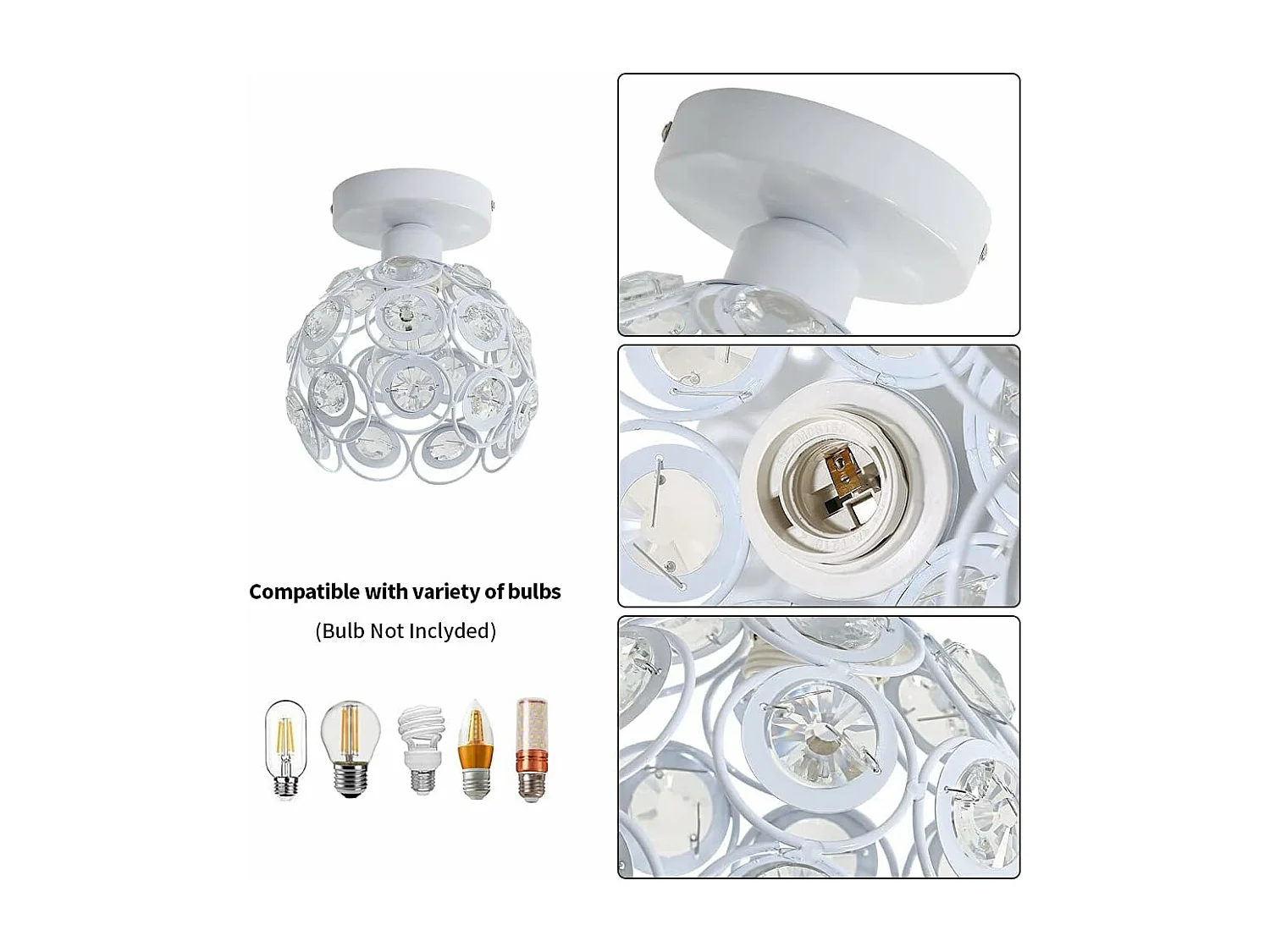 Plafonnier Moderne en Cristal Lustre Semi-encastré E27 Parfait pour l'Éclairage Intérieur Décoration de Salon Chambre Couloir （Blanc Ampoule Non Incluse)
