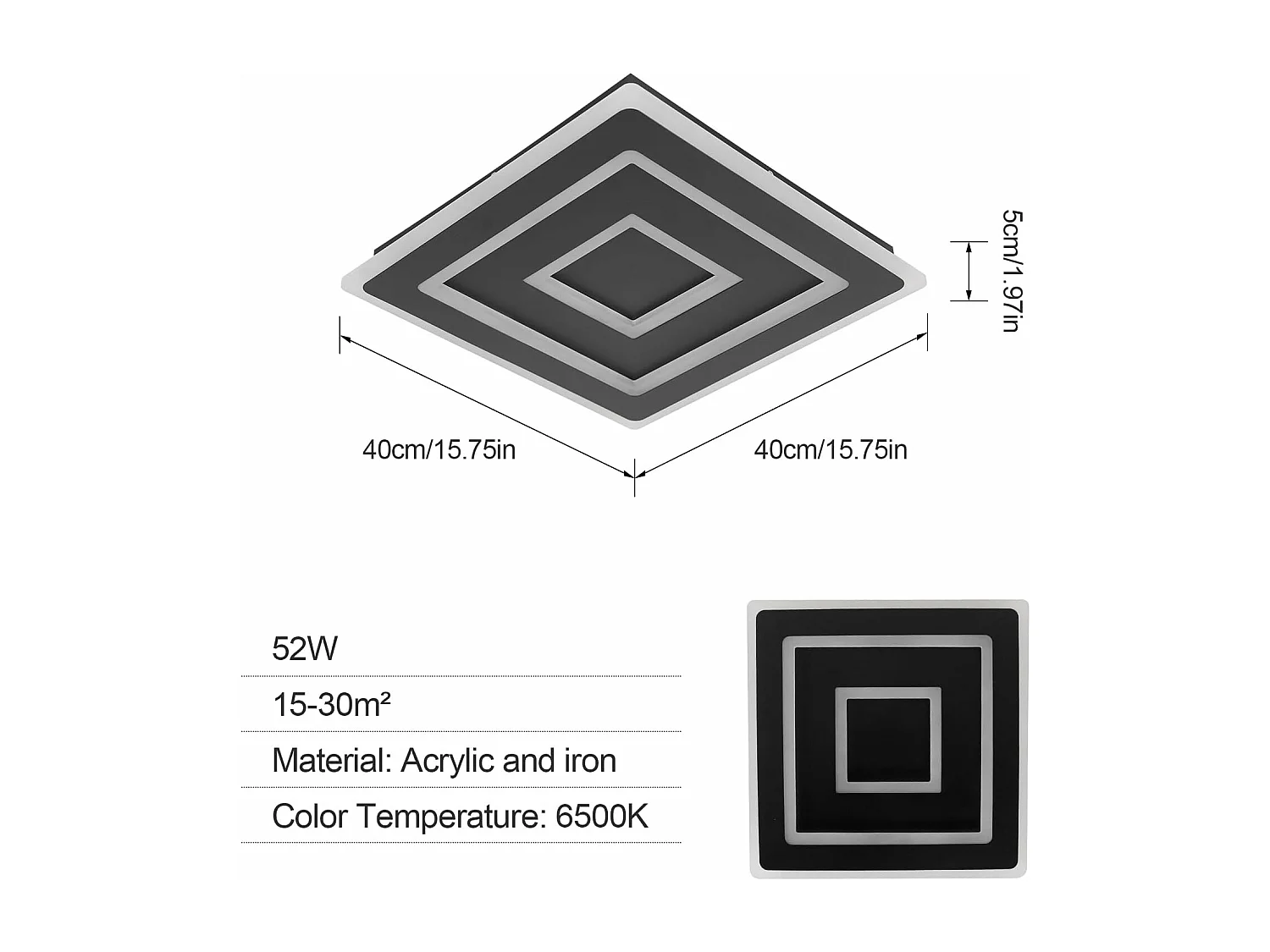 Plafonnier LED Noir Carré Moderne for Salon, 52W 5850LM 40cm Luminaire Plafonnier Intérieur Lampe de Plafond pour Chambre à Coucher, Salon, Lumière Naturelle 4500K