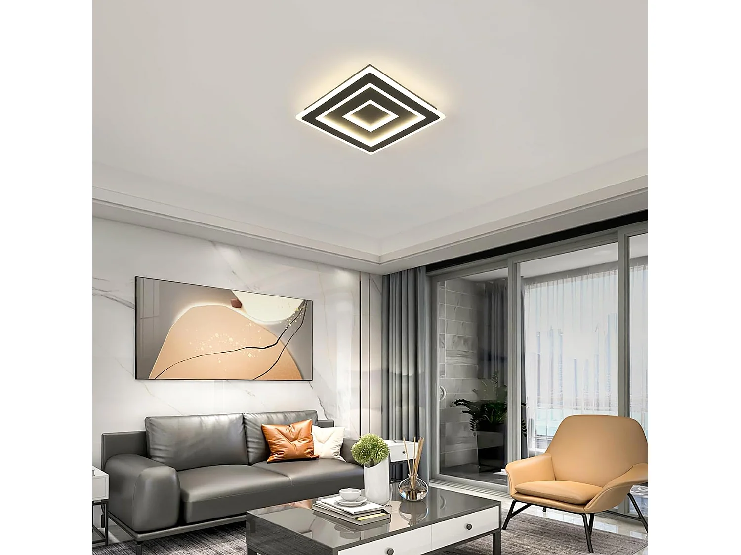 Plafonnier LED Noir Carré Moderne for Salon, 52W 5850LM 40cm Luminaire Plafonnier Intérieur Lampe de Plafond pour Chambre à Coucher, Salon, Lumière Naturelle 4500K