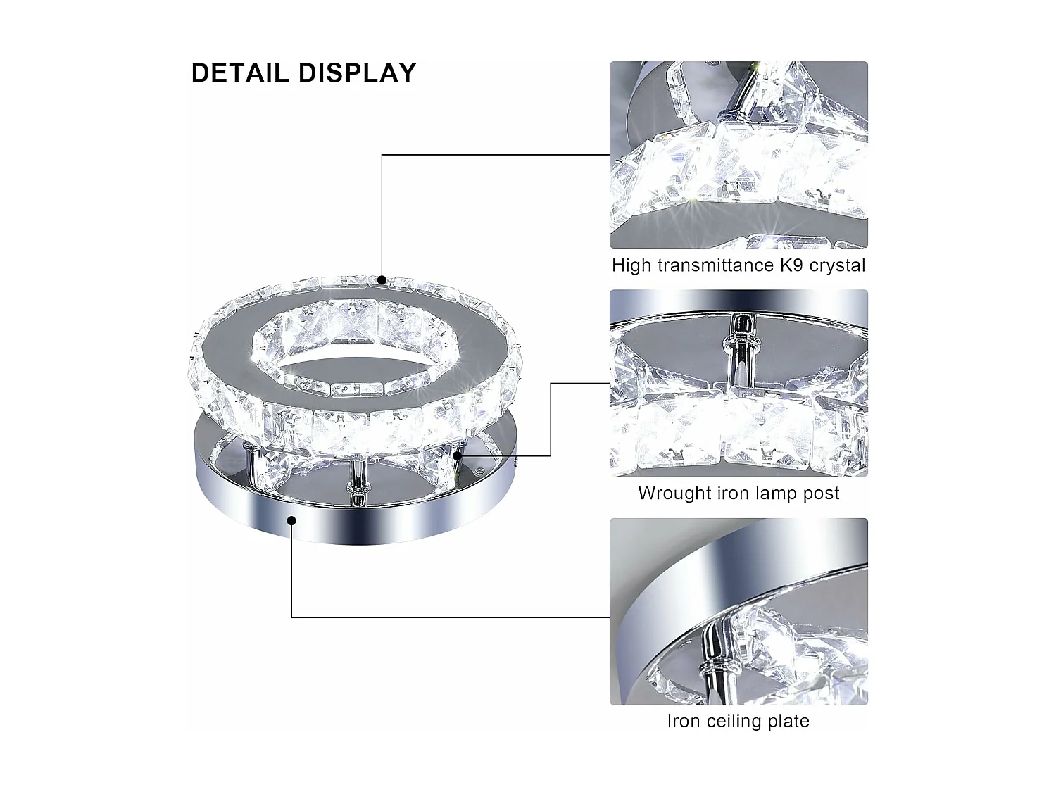 Plafonnier LED Moderne 12W Lustre en Cristal Éclairage Moderne pour Chambre Salon Cuisine Couloir Blanc Froid 6500K