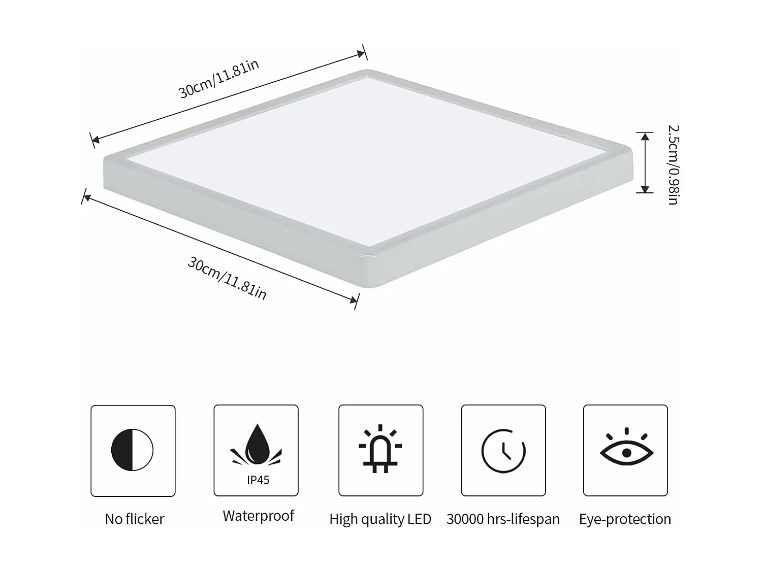 Plafonnier LED 24W, plafonnier carré 6500K, plafonnier mince moderne 2700LM pour chambre, salle de bain, cuisine, bureau, balcon