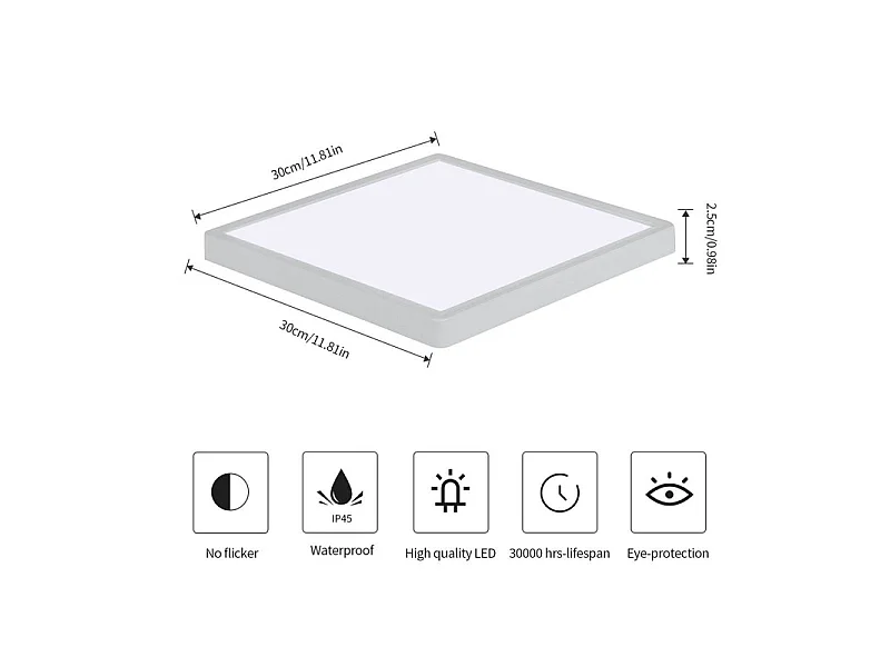 Plafonnier LED carré 30cm, 24W, 2700 lm, étanche IP45, pour salle de bain, design moderne et fin, 6500 K, idéal pour une chambre ou une cuisine