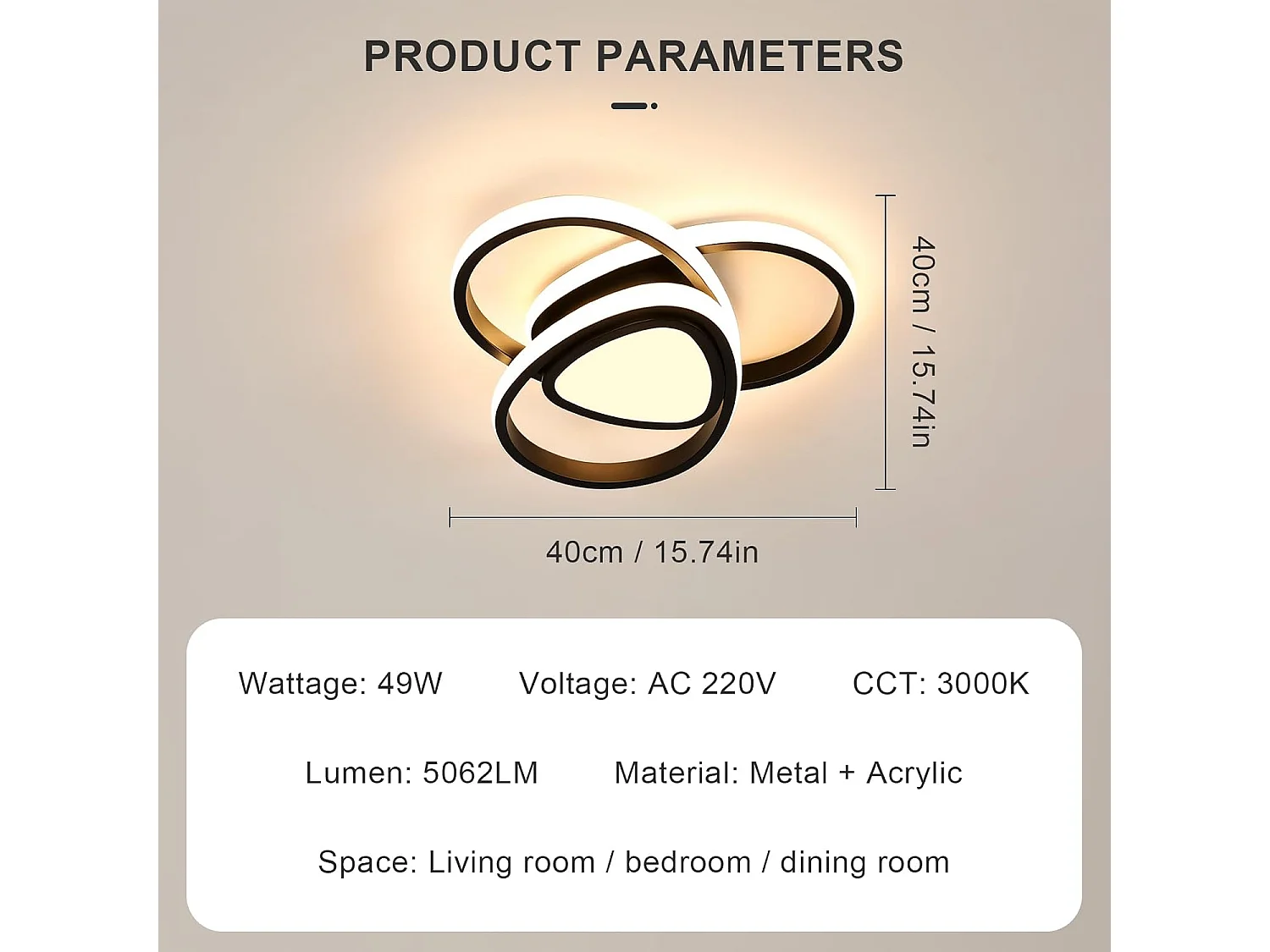 Plafonnier LED Moderne, 49W 5062lm, Luminaire de Plafond Diamètre 40cm, Éclairage Chaude 3000K