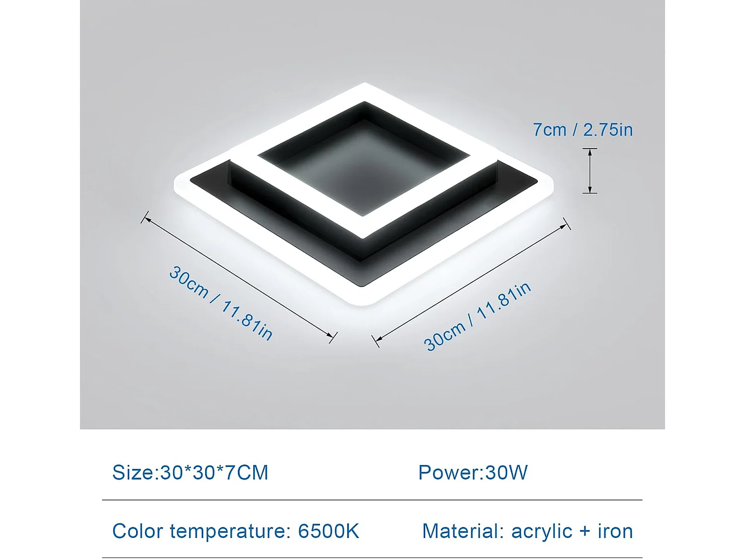 Plafonnier LED Moderne,30W 3375LM Lampe de Plafond LED Carré Noir,Luminaire Plafonnier LED en Acrylique pour Salon,Cuisine,Blanche Froide 6500K,30CM