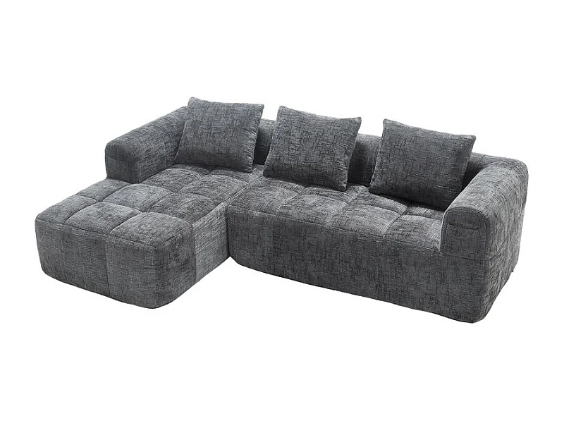 Divano angolare convertibile in tessuto Chenille - 3 posti - con 3 cuscini - Grigio - 250x158x60cm