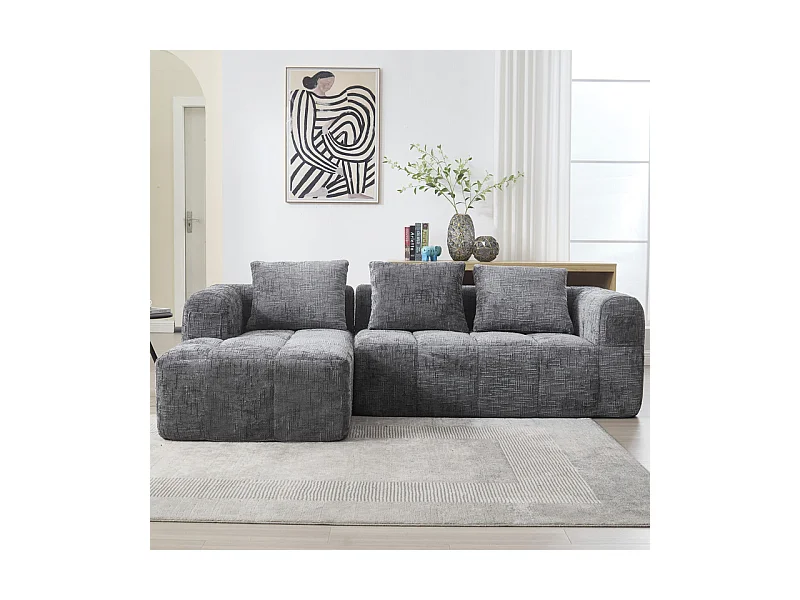 Canapé d'angle convertible en tissu Chenille - 3 places - avec 3 oreillers - Gris - 250x158x60cm