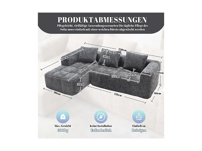 Canapé d'angle convertible en tissu Chenille - 3 places - avec 3 oreillers - Gris - 250x158x60cm