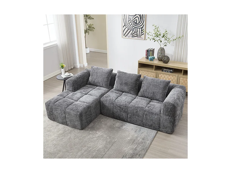 Canapé d'angle convertible en tissu Chenille - 3 places - avec 3 oreillers - Gris - 250x158x60cm