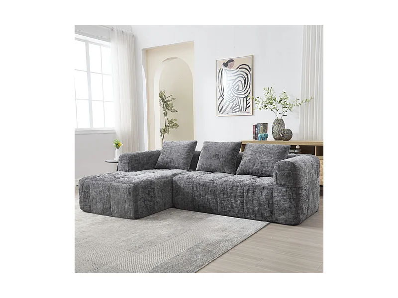 Canapé d'angle convertible en tissu Chenille - 3 places - avec 3 oreillers - Gris - 250x158x60cm