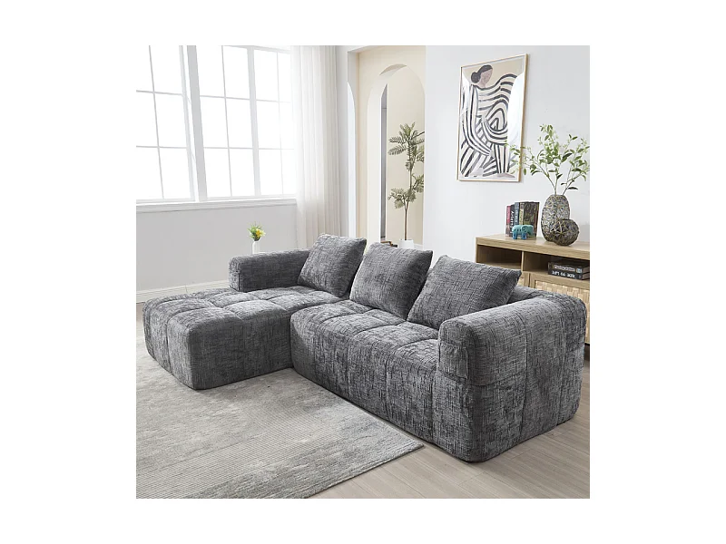 Canapé d'angle convertible en tissu Chenille - 3 places - avec 3 oreillers - Gris - 250x158x60cm