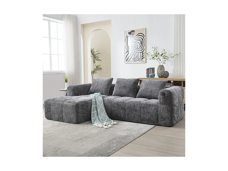 Canapé d'angle convertible en tissu Chenille - 3 places - avec 3 oreillers - Gris - 250x158x60cm
