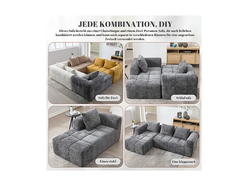 Canapé d'angle convertible en tissu Chenille - 3 places - avec 3 oreillers - Gris - 250x158x60cm