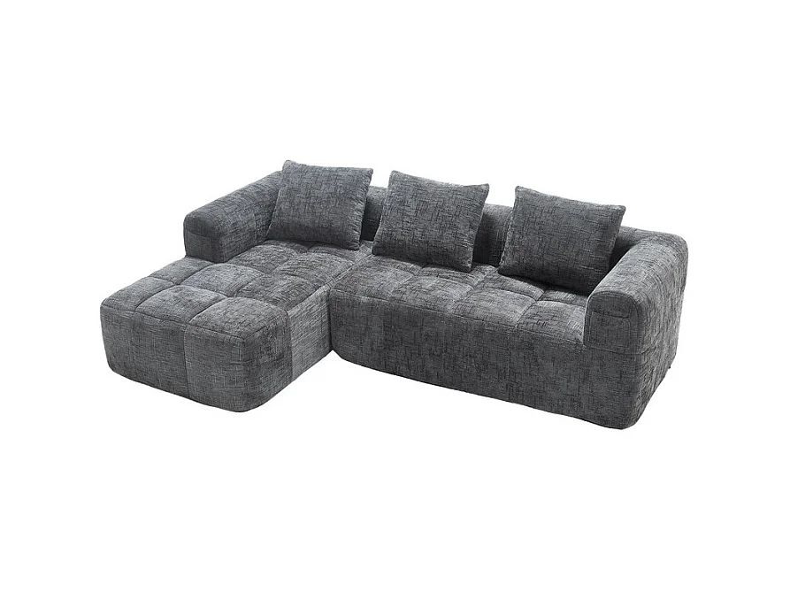 Divano angolare convertibile in tessuto Chenille - 3 posti - con 3 cuscini - Grigio - 250x158x60cm